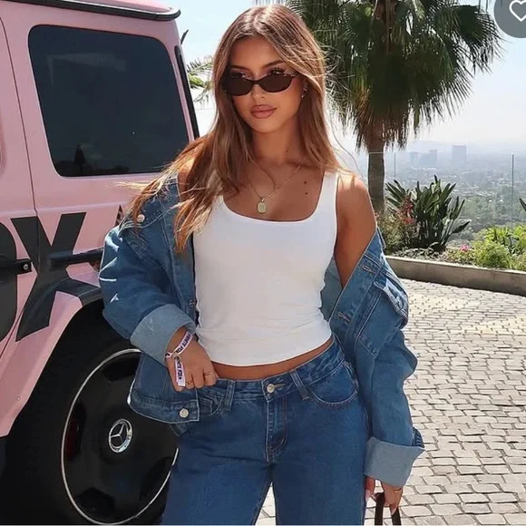 White Fox Adriana Oversized Denim Jacket Admiral Blue with Patches Size S/M - Picture 3 of 9